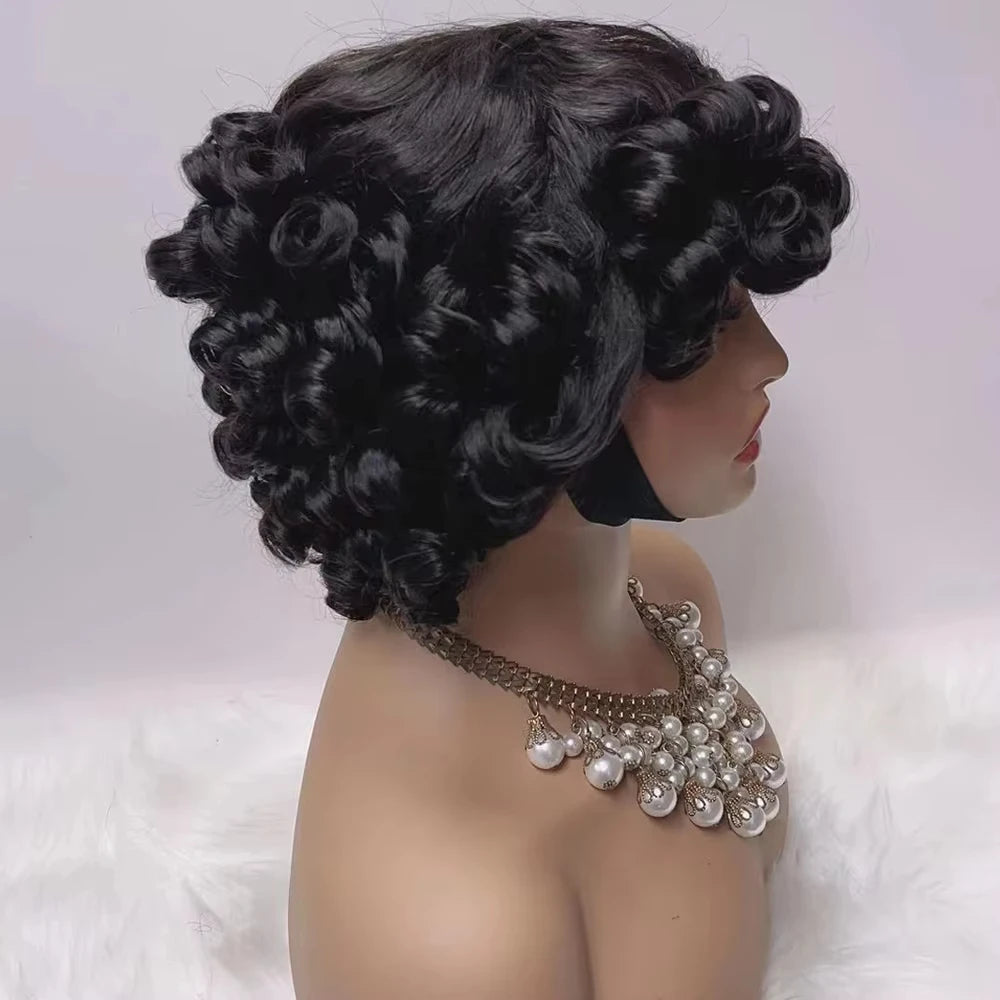 Pixie Cut Human Hair Wigs For Black Women Afro Rose Curly Funmi Machine Made Wigs with Bangs Short Bouncy Curly Bob Wig