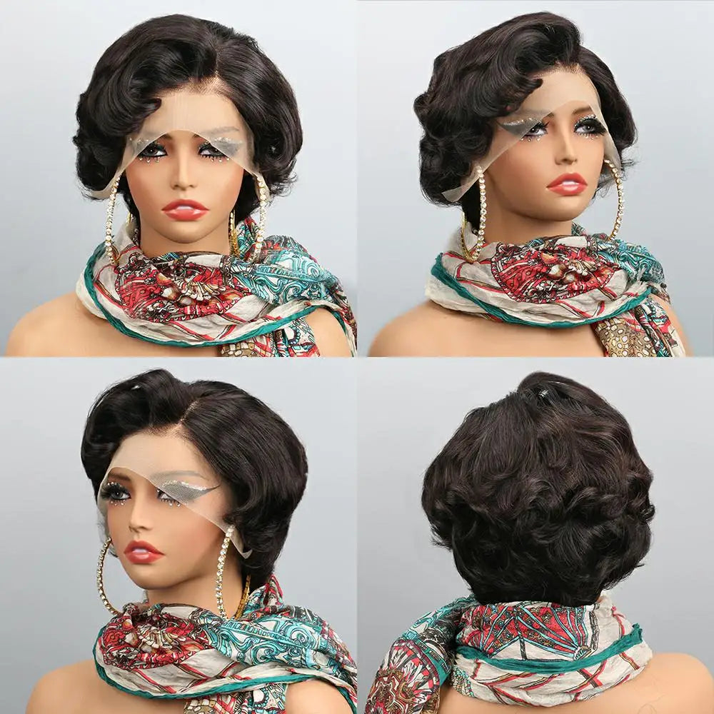 Short Bob 13X4 Lace Front PixieCut Curly Wig Virgin Brazilian Human Hair Wig 200% For Women Pre Plucked Natural Color Remy Hair