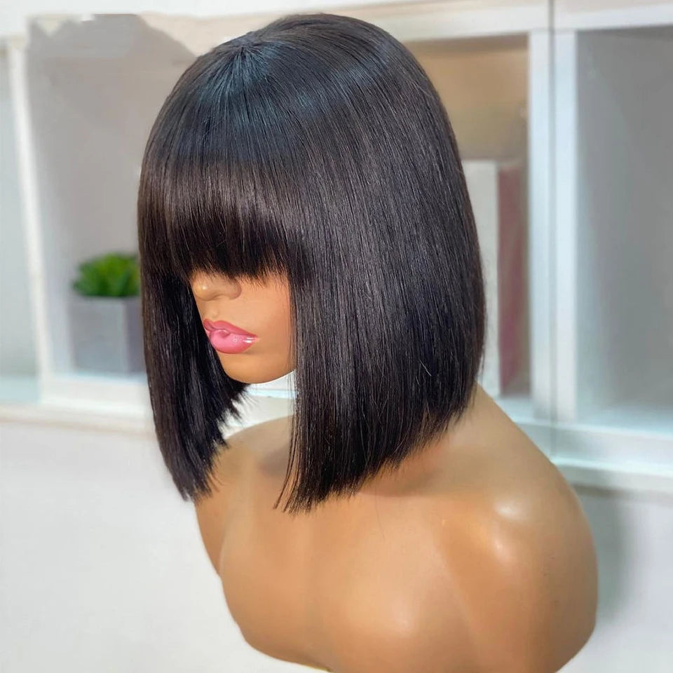 Double Drawn Short Bob Wig With Bangs Human Hair Bone Straight Vietnamese 100% Human Hair Wigs Full Machine Made Glueless Wigs