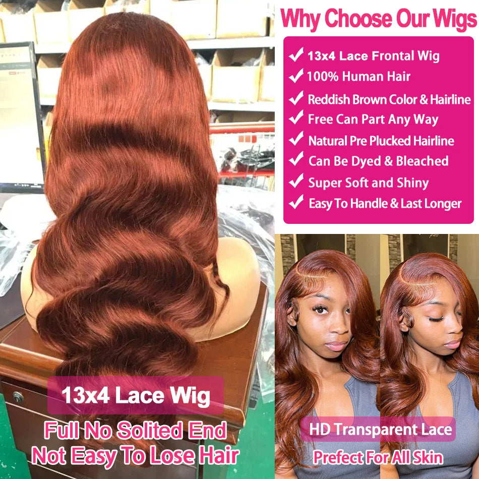 Reddish Brown 13x6 Lace Frontal Wig Brazilian Colored 13x4 Body Wave Human Hair Wigs Hd Transparent 4x4 5x5 Closure Wig 40 Inch