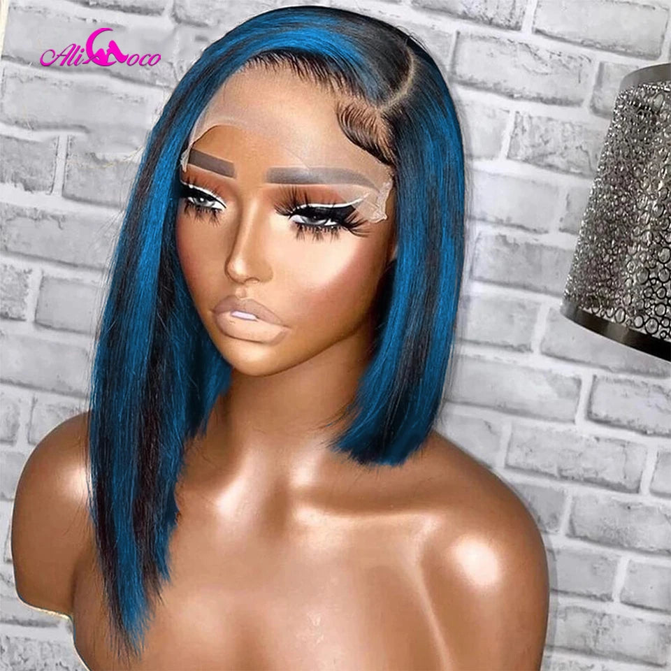 Highlight Blue Human Hair Lace Frontal Wigs 180 Density Bob Wig Lace Front Wig Human Hair Brazilian Short Bob Wig Pre Plucked