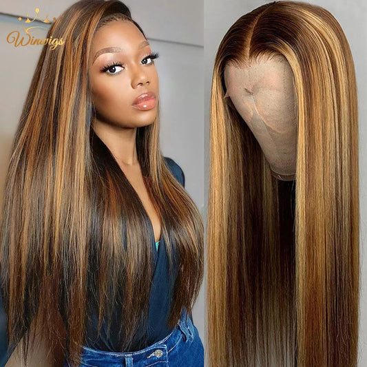 Highlight Wig Human Hair Honey Blonde Brown Colored Lace Front Wigs For Women Pre Plucked Bone Straight Lace Frontal Wig Remy
