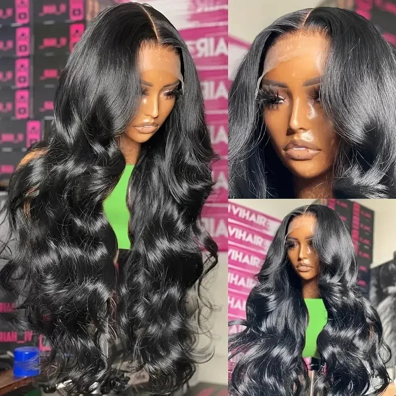 Natural Black Brazilian Body Wave Human Hair Wigs 13x4 HD Transparent Lace Front Wig Pre-Plucked 180% Density Lace Frontal Wig