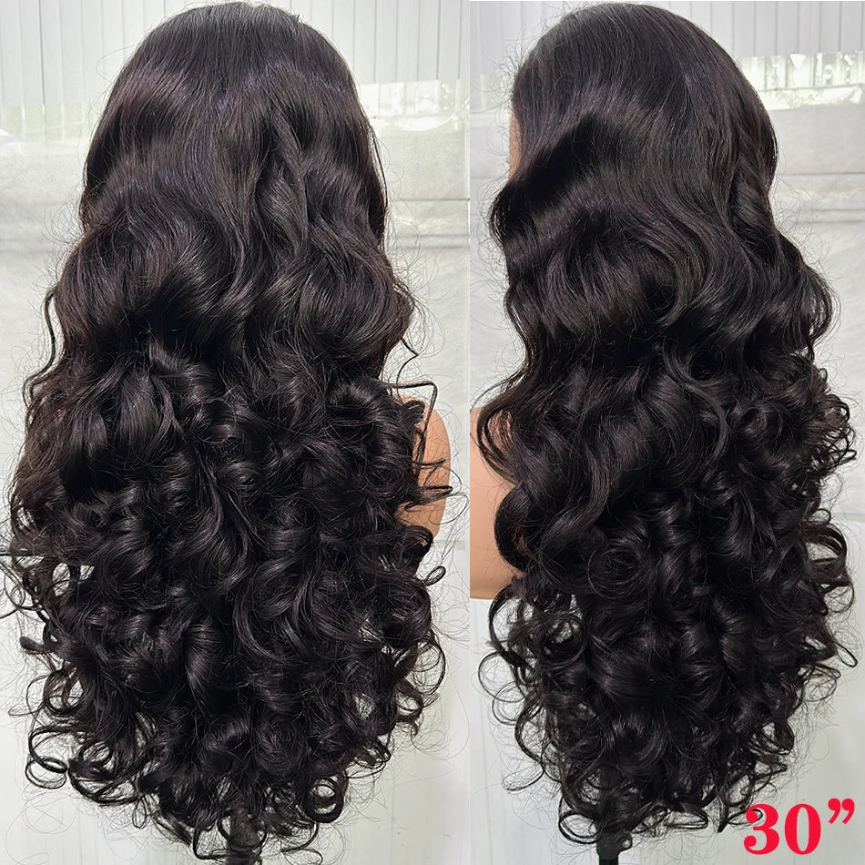 100% Human Hair Natural Black 250 Density Bouncy Curly Loose Body Wave Super Double Drawn Raw Indian Hair 13x4 Lace Frontal Wigs