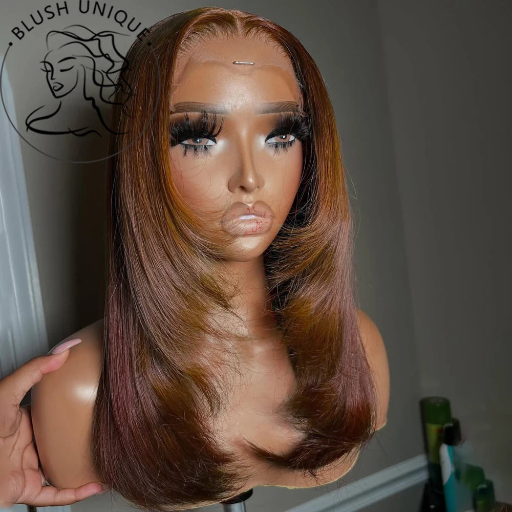 HD Straight Lace Front Wig Layered Wigs Reddish Brown Layered Cut Lace Wigs Copper Red Synthetic Butterfly Haircut Glueless Wigs