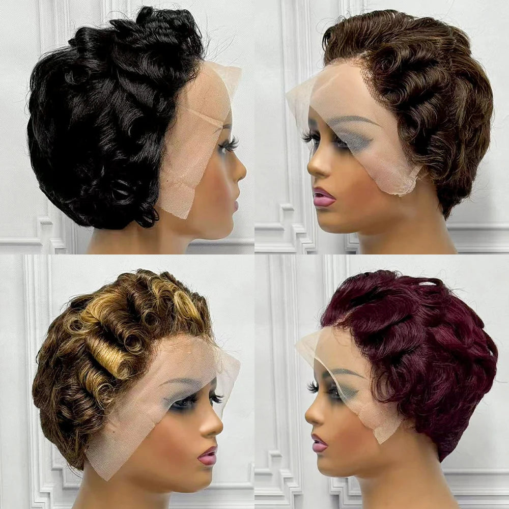 Pixie Cut Short Bob Human Hair Wigs 13x4 Transparent Lace Frontal Wigs Brazilian 180% Density Loose Curly For Black Women