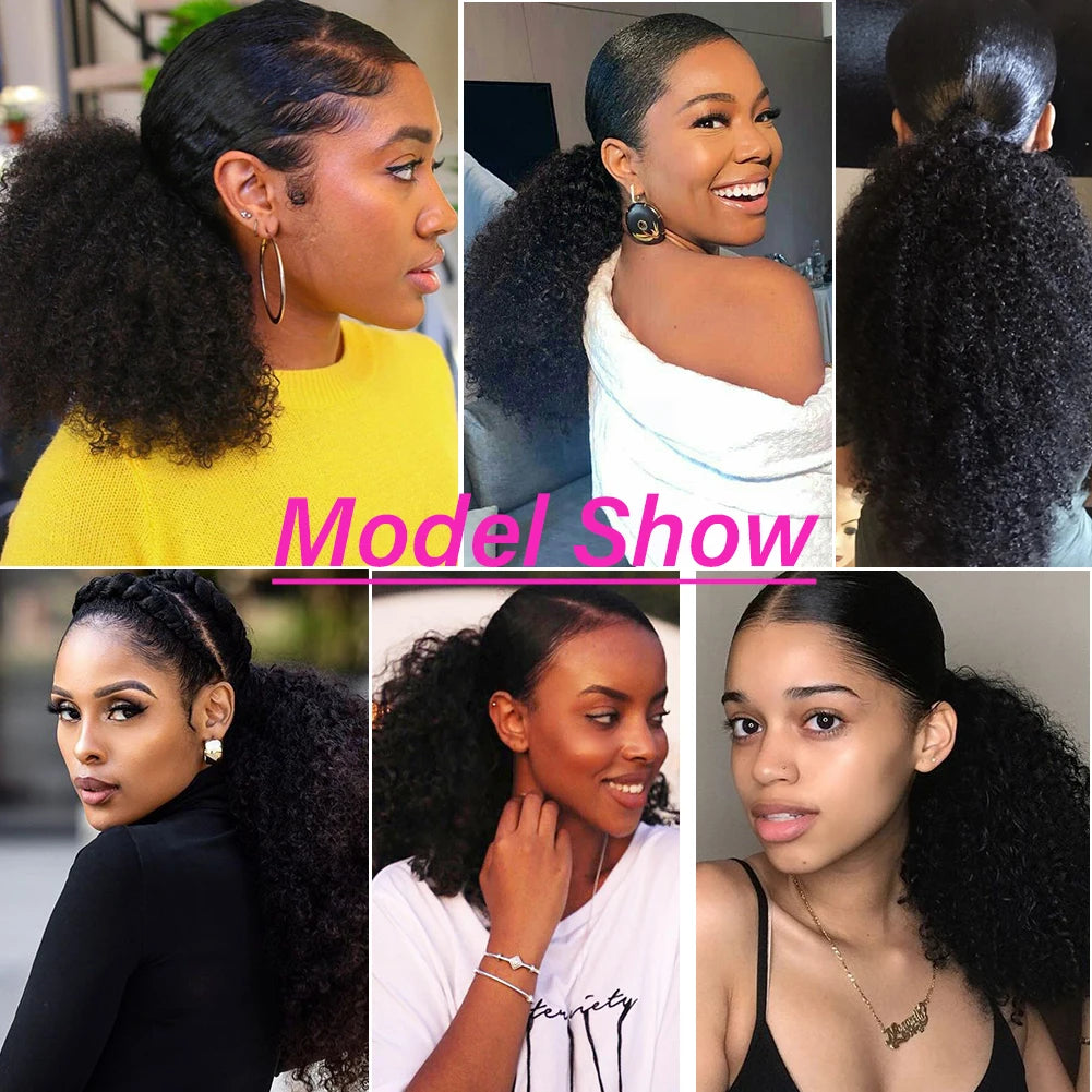 Drawstring Ponytail Deep Kinky Curly  Human Hair Clip Ponytail Extension Protective Style Brown Afrofor Women  Natural Black