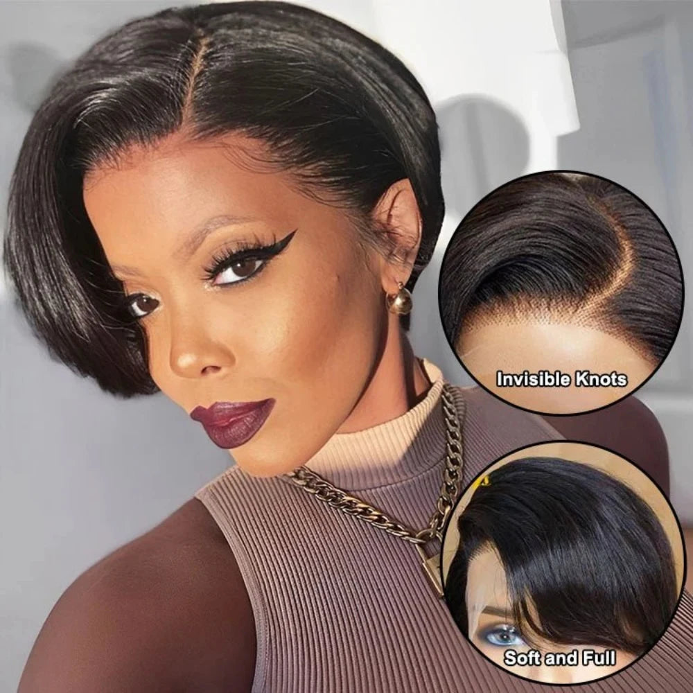 Pixie Cut Wigs Human Hair 13x4 Short Pixie Cut Lace Front Wig for Women Black Pixie Cut Transparent Frontal Wig Layered Straight