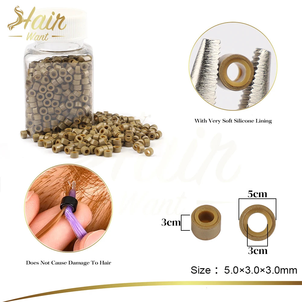Hair Want 1000Pcs Micro Beads Hair Extension Tool  Silicone Beads Microlink for Feather Extension I tip Human Hair Extensions