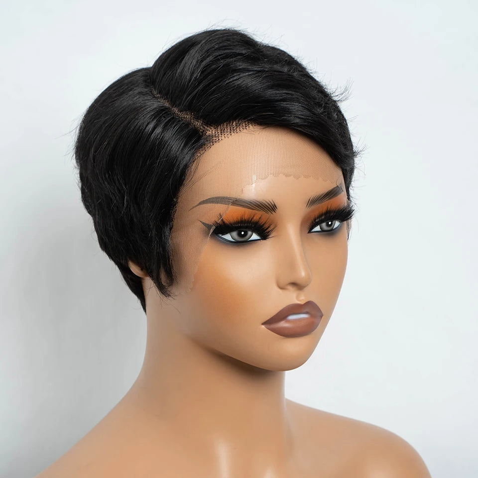 Short Bob Pixie Cut Human Hair Wigs Natural Black Short Straight Bob Wigs Natural Black Colored 13x5x1 T Lace Frontal Wigs