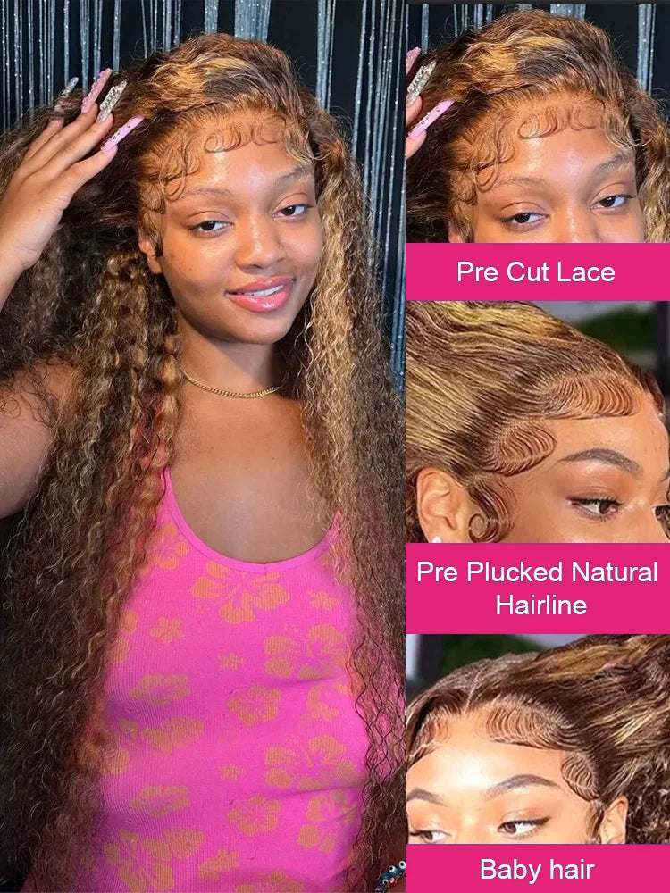 Wear And Go Glueless Wig Ombre Highlight Deep Water Wave 6x4 Hd Lace Glueless Pre Plucked Human Wigs Ready To Go Curly Wig 100%