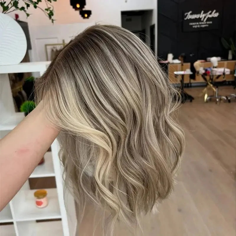 New Lace Front Glueless Wig Platinum Ash Blonde Balayage Colored Wig Heat Resistant Luxury Human Hair Synthetic Blended Fiber