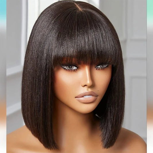 Cheap Double Drawn Virgin Hair Bob Wig With Bang Glueless Real Vietnamese Bone Straight Full Machine Made Human Hair Wigs Fringe