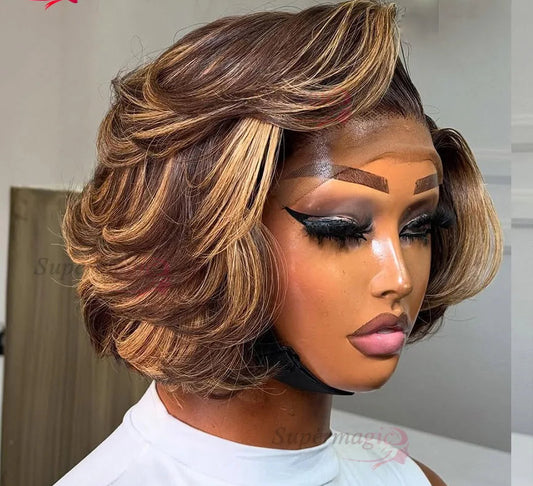 13x4 Frontal Wig New Trendy Layered Cut Straight Human Hair Wigs Short Wig Highlight Piano Color 4X4 Lace Closure Wig for Women