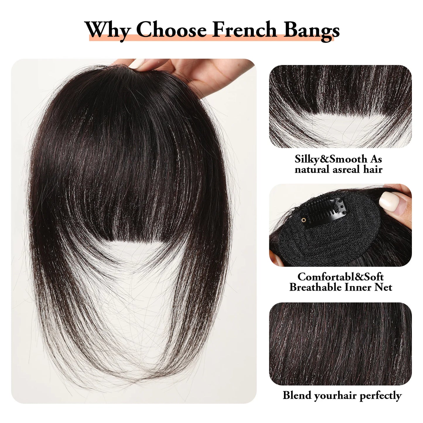 Human Hair Fringe Bangs Natural Black Remy Human Hair Bangs Full Hair Bangs Extensions Clips in Hairpieces for Women Daily Use