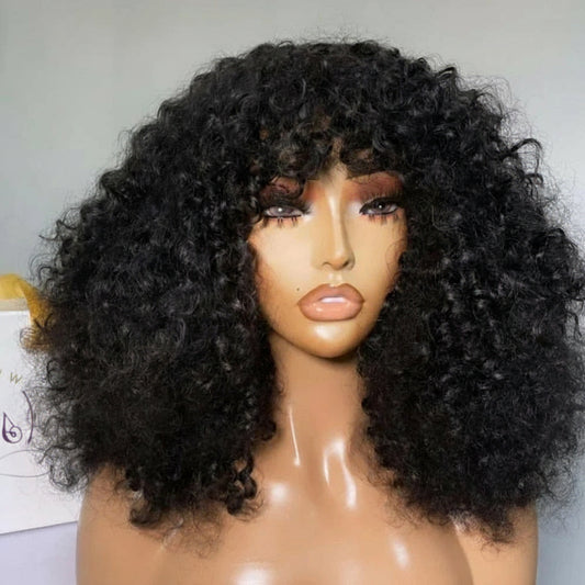 Curly Human Hair Wigs With Bangs 180% Density Water Wave Virgin Human Hair Full Machine Made Curly Glueless Wigs For Black Women