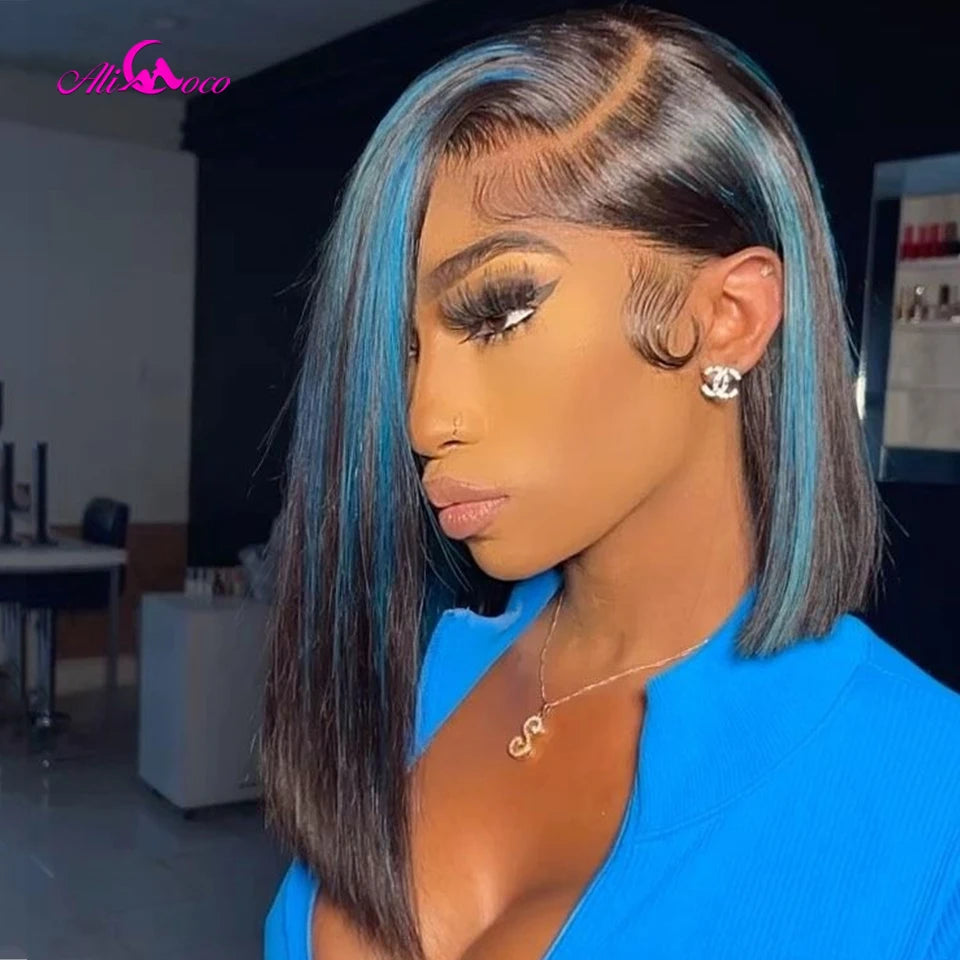 Highlight Blue Human Hair Lace Frontal Wigs 180 Density Bob Wig Lace Front Wig Human Hair Brazilian Short Bob Wig Pre Plucked