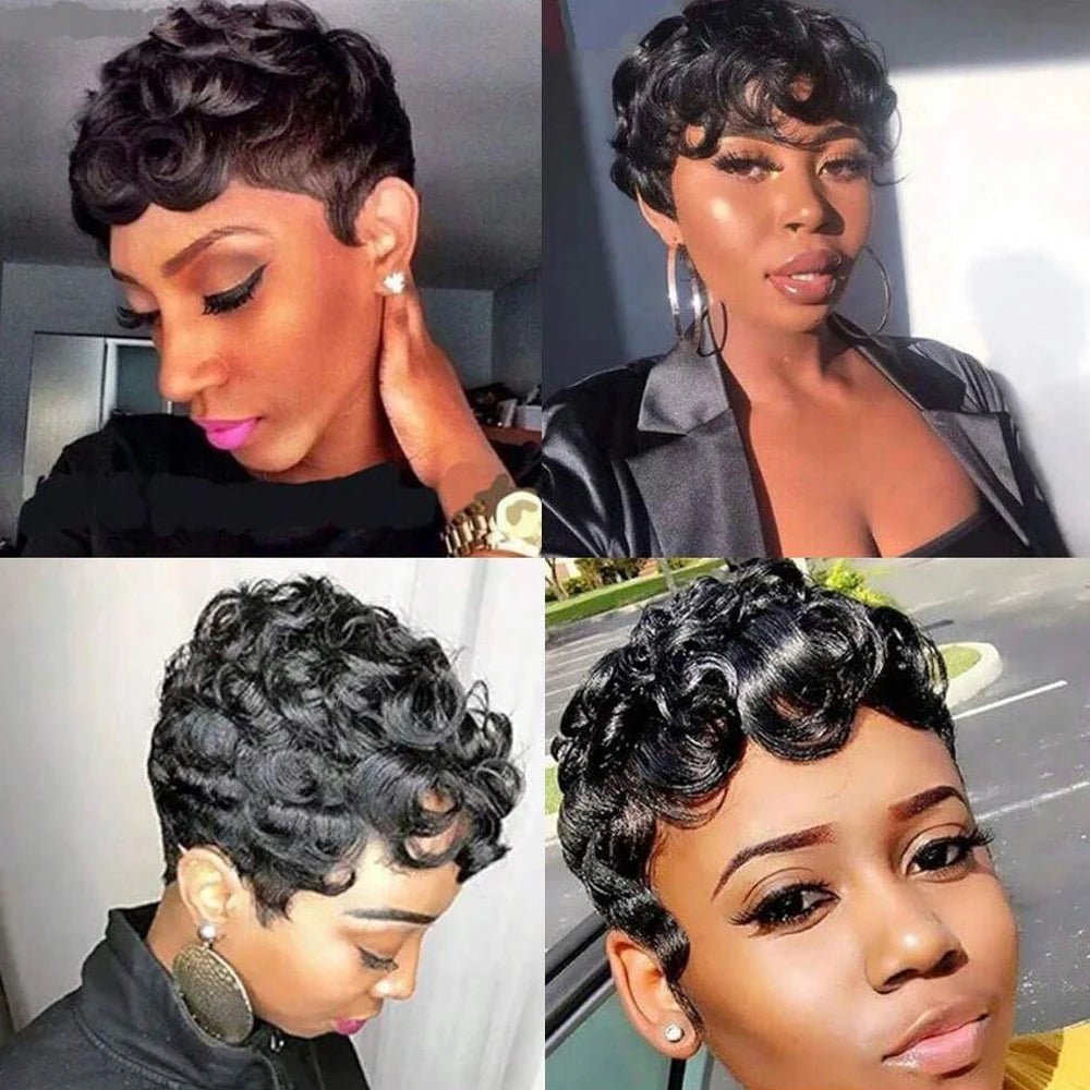 No Tariff Short Curly Pixie Cut Wigs For Women Natural Black Short Finger Wave Wig Human Hair Short Bob Full Machine Made Wig