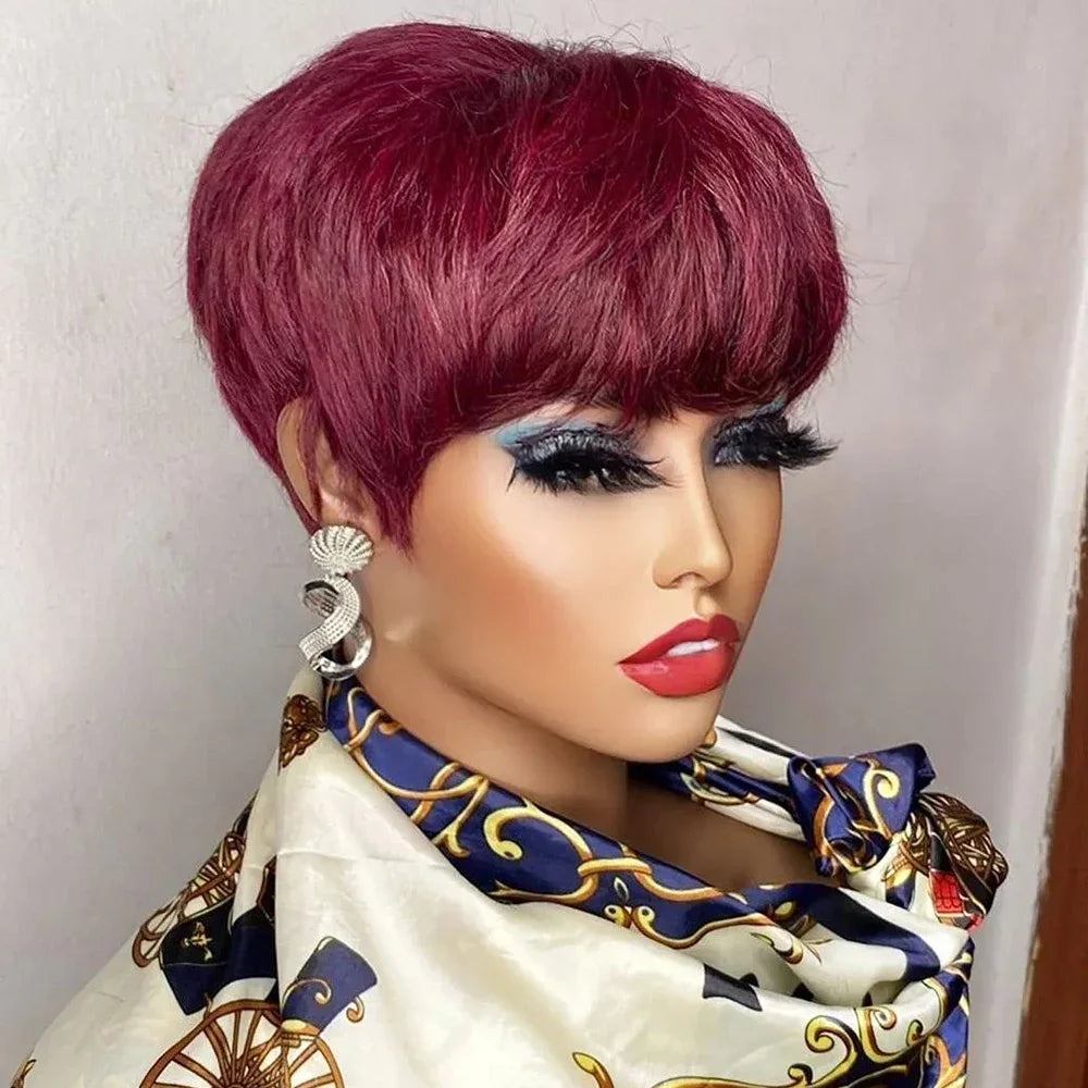Short Pixie Cut Wig Human Hair For Black Women Machine Made Wigs With Bangs Colored Wig Human Hair Wigs
