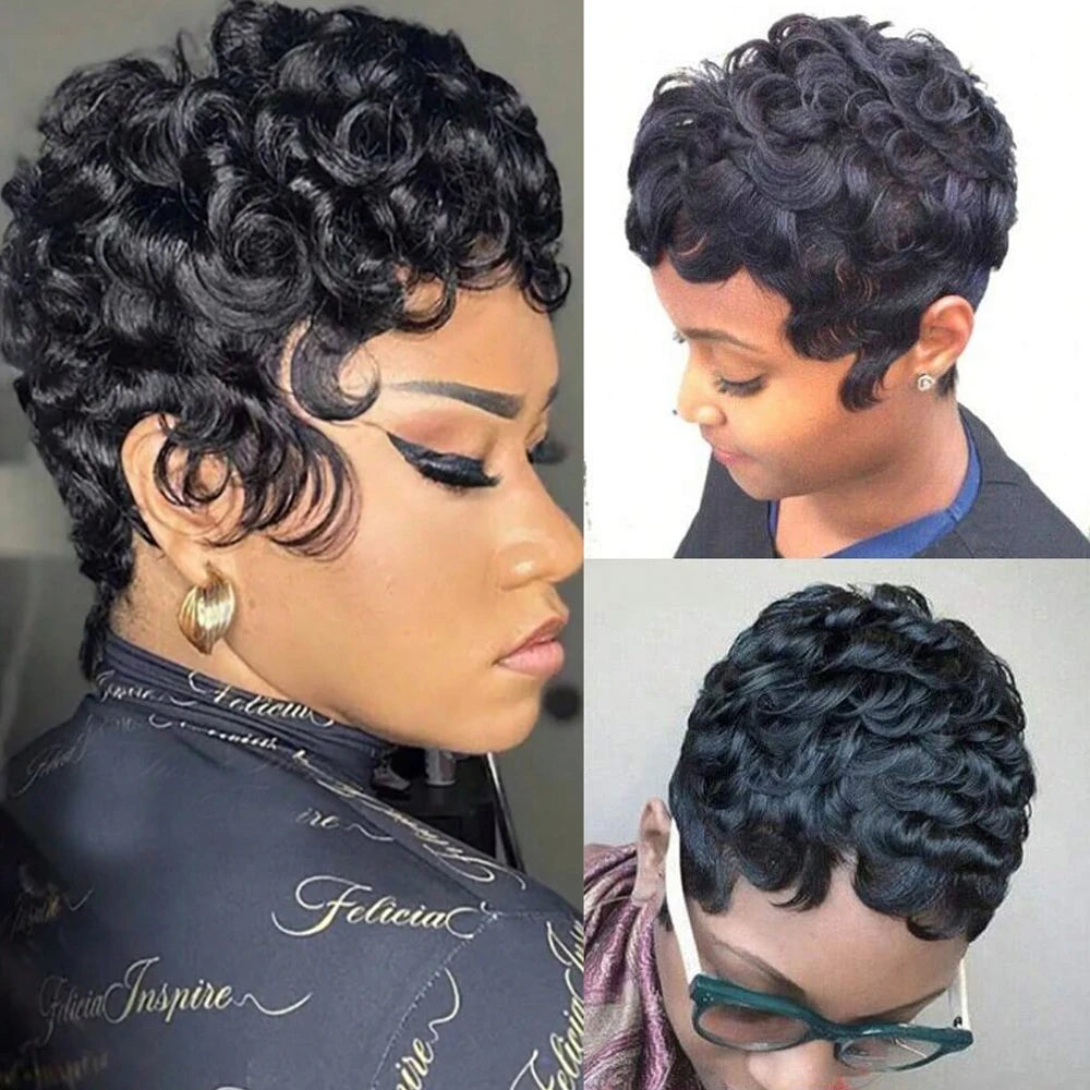 No Tariff Short Curly Pixie Cut Wigs For Women Natural Black Short Finger Wave Wig Human Hair Short Bob Full Machine Made Wig