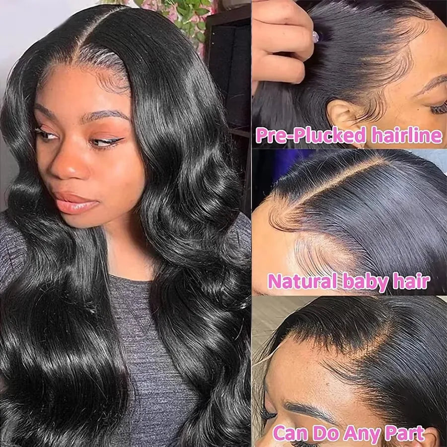 Natural Black Brazilian Body Wave Human Hair Wigs 13x4 HD Transparent Lace Front Wig Pre-Plucked 180% Density Lace Frontal Wig