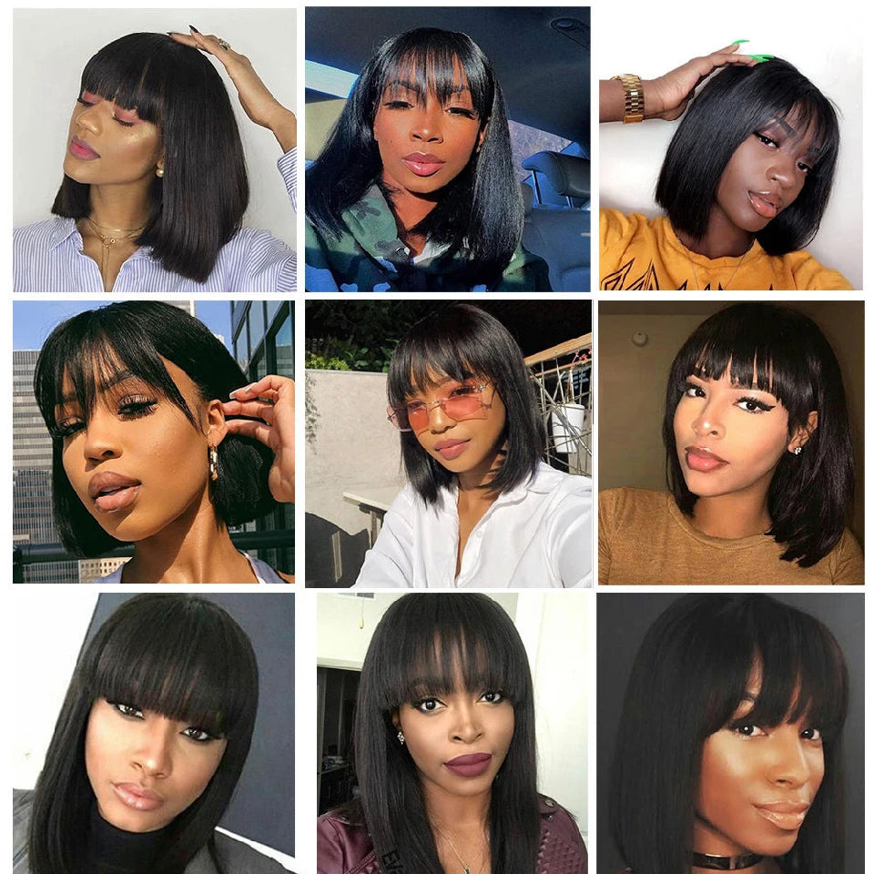 Double Drawn Short Bob Wig With Bangs Human Hair Bone Straight Vietnamese 100% Human Hair Wigs Full Machine Made Glueless Wigs