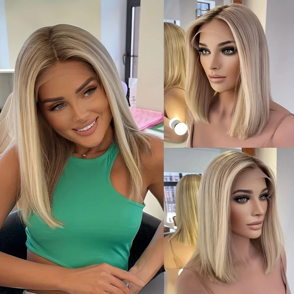 EQ Hair Short Bob Human Hair Ombre Cream Blonde Luxurious 13x4 Lace Frontal Wigs For Women Pre Plucked Brazilian Remy Hair