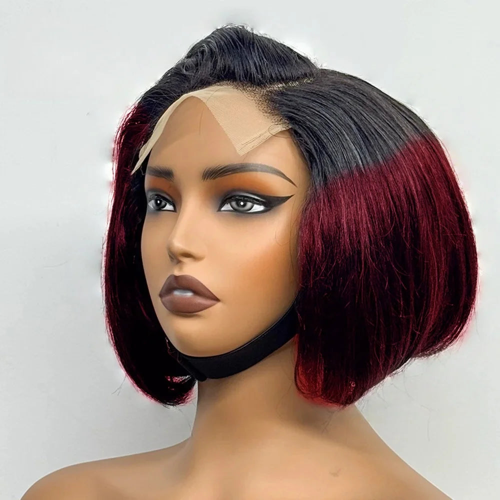 Super Double Drawn Ombre Burgundy Straight Bob Wig Human Hair 5x5 Closure Lace Frontal Bob Wigs Bob wig 300% Density