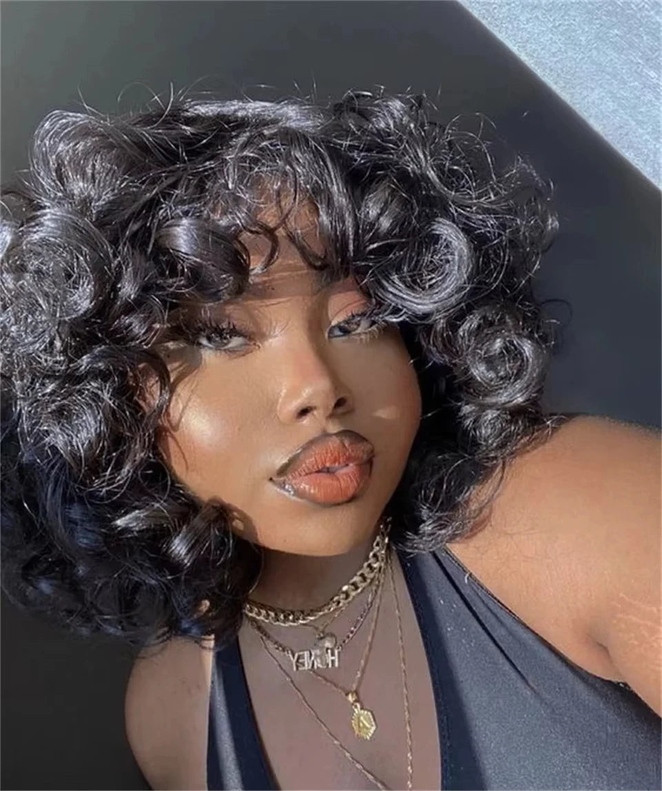 Pixie Cut Human Hair Wigs For Black Women Afro Rose Curly Funmi Machine Made Wigs with Bangs Short Bouncy Curly Bob Wig