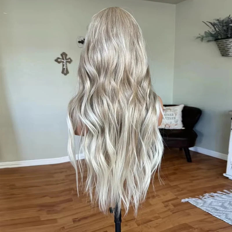 HD Lace Front Glueless Wig Platinum Ash Blonde Balayage Colored Wig Heat Resistant Luxury Human Hair Synthetic Blended Fiber