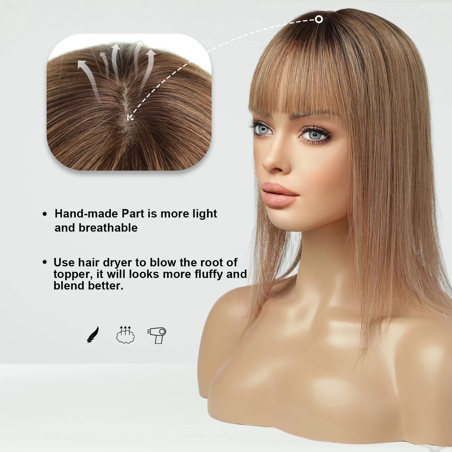 Real Human Hair Toppers. Silk Base Clip-in. Topper with Bangs.  14 Inch