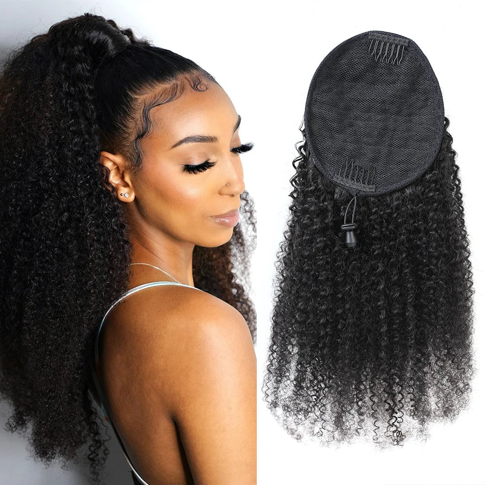 Drawstring Ponytail Deep Kinky Curly  Human Hair Clip Ponytail Extension Protective Style Brown Afrofor Women  Natural Black