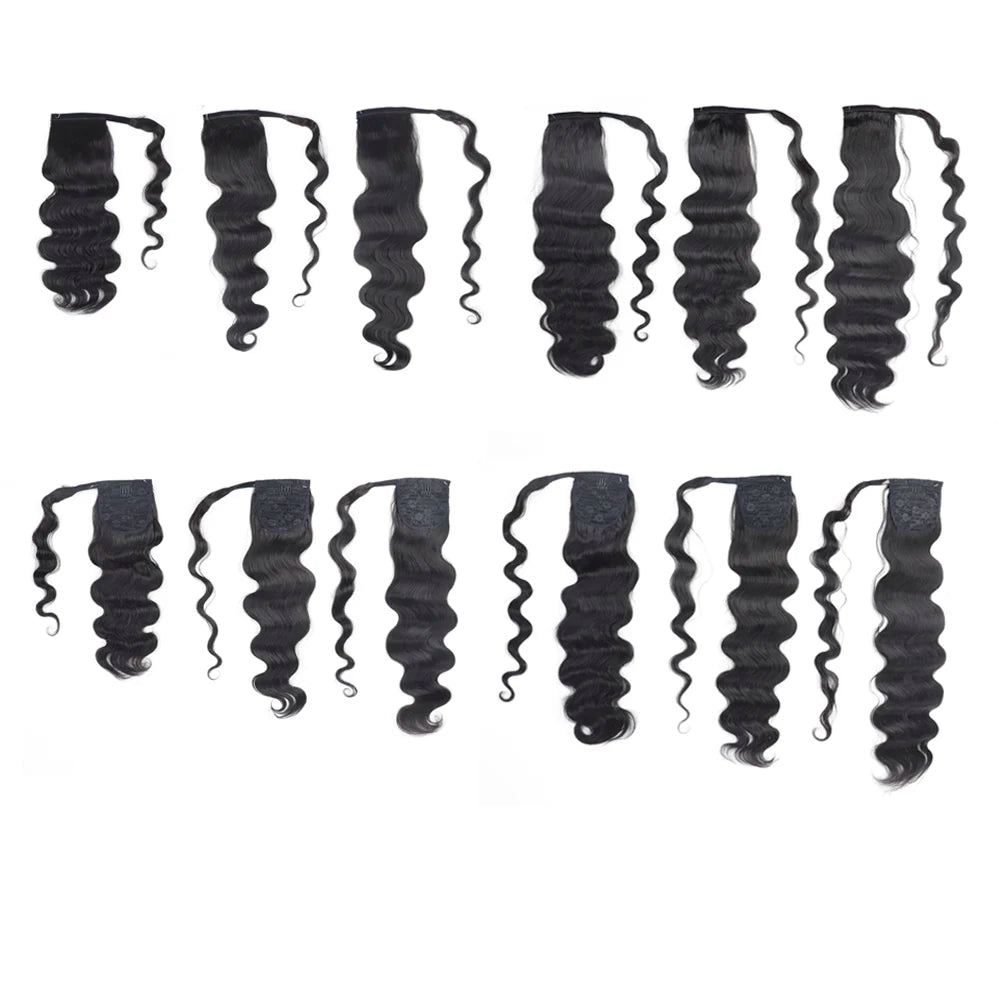 Body Wave Ponytail Human Hair Extensions Natural Black Color Wrap Around 100% Straight Human Hair Ponytails Clip In Extension
