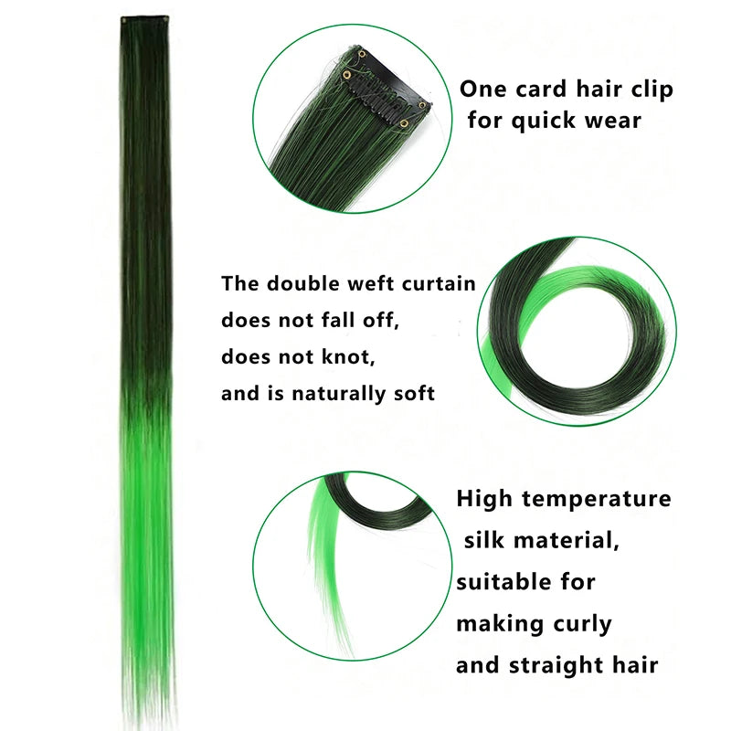 Colored Clip in Hair Extensions 22 Inch Straight Syntactic Pink Color Hairpiece Rainbow Party Highlights for Women Girls Kids