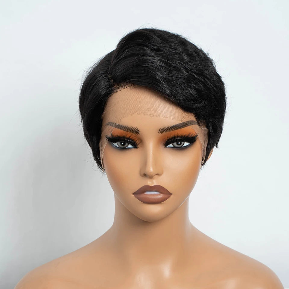 Short Bob Pixie Cut Human Hair Wigs Natural Black Short Straight Bob Wigs Natural Black Colored 13x5x1 T Lace Frontal Wigs