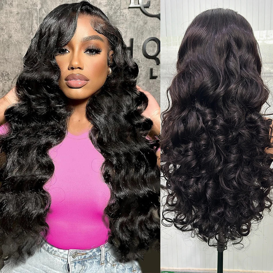100% Human Hair Natural Black 250 Density Bouncy Curly Loose Body Wave Super Double Drawn Raw Indian Hair 13x4 Lace Frontal Wigs