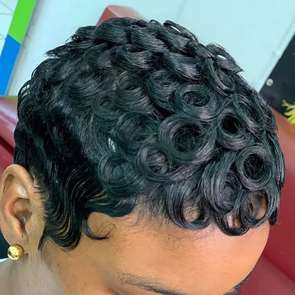 No Tariff Short Curly Pixie Cut Wigs For Women Natural Black Short Finger Wave Wig Human Hair Short Bob Full Machine Made Wig